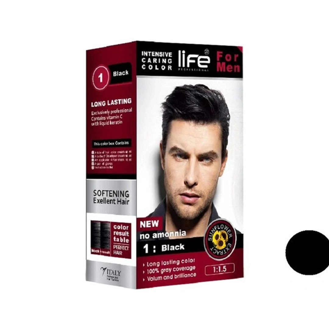 کیت رنگ موی بدون آمونیاک مردانه شماره۱رنگ مشکی لایف|life for men intensive caring color black