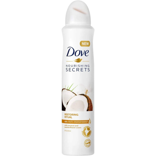 اسپری بدن ضدتعریق 48ساعته با رایحه نارگیل و گل یاس داو(ساخت کشور انگلستان)|Dove nourishing secrets restoring ritual 48h anti perespiarnt coconut and jasmine flower scent uk